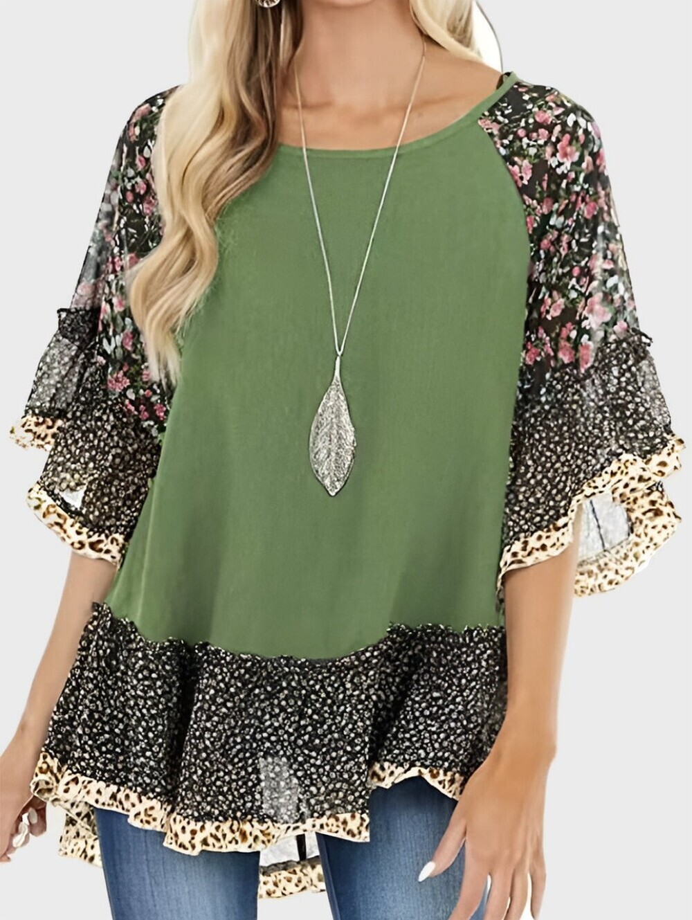 Boutique Olive Mixed Print Ruffle Top Floral Leopard Bell Sleeve Size M Fall